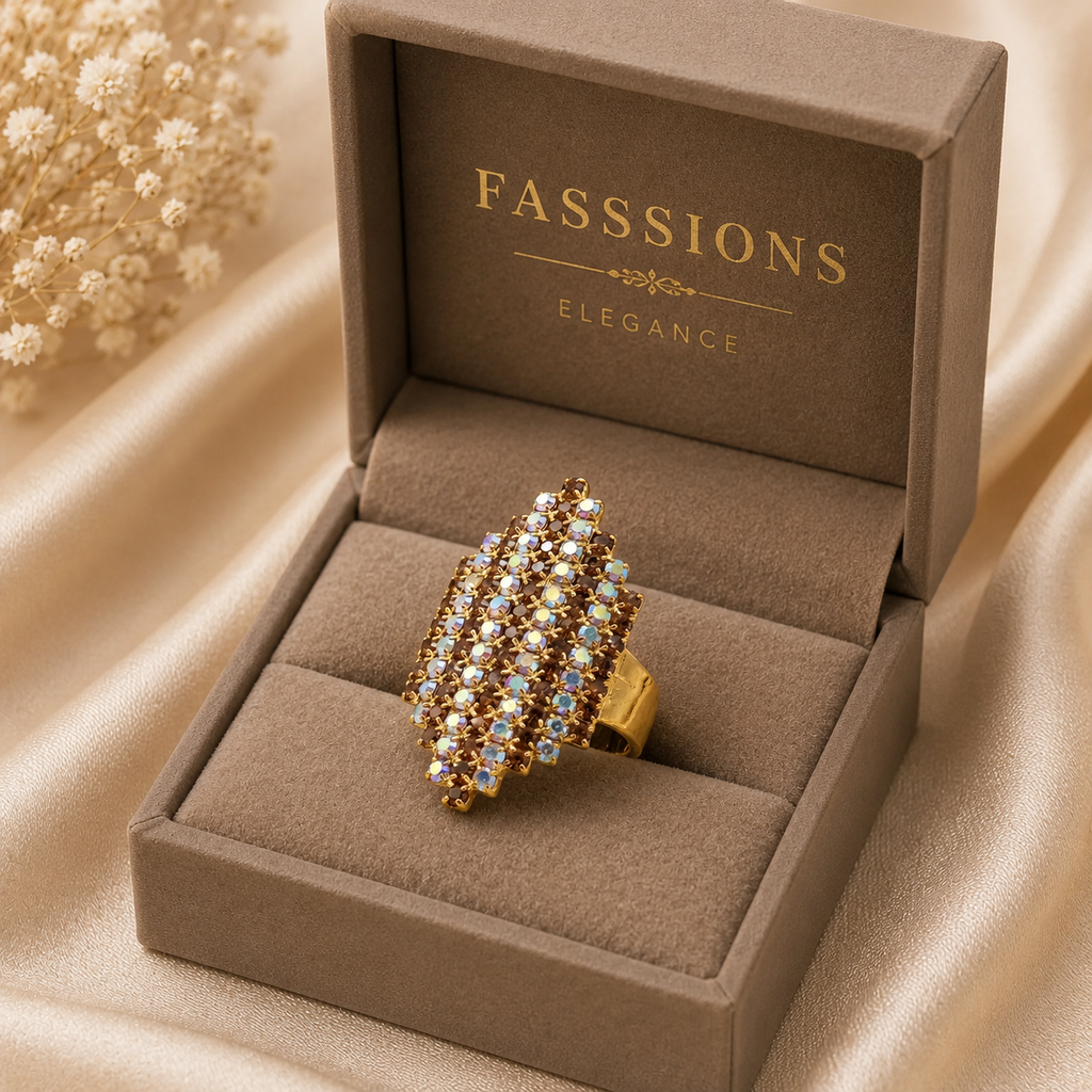 Fasssions Gold Plated Crystal Statement Ring for Women & Girls | Adjustable Cocktail Ring | Sparkling Rhinestone Fashion Ring | Party Wear Finger Ring