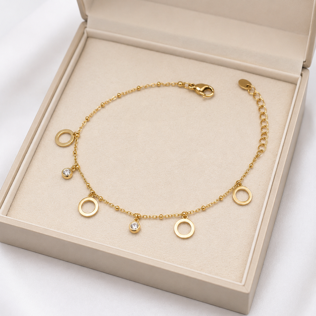 FASSSIONS Gold Plated Charm Anklet for Women | Adjustable Crystal & Open Circle Charm Ankle Bracelet | Korean Style Fashion Anklet