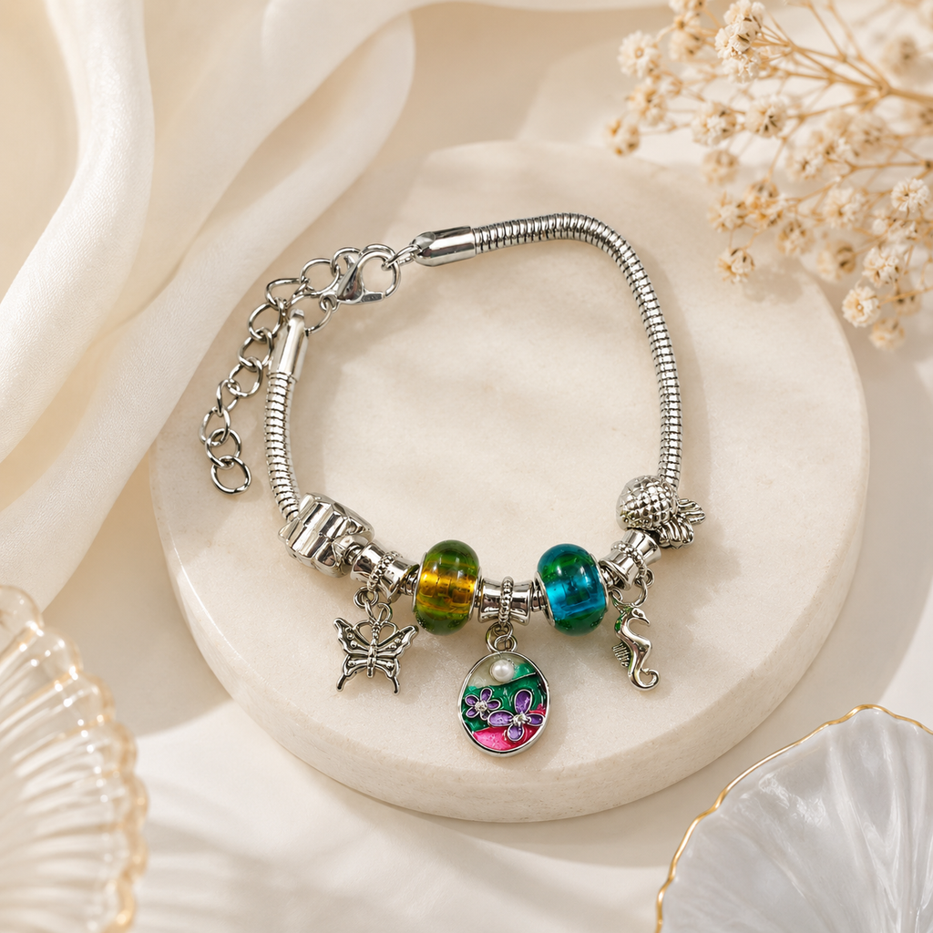 Charm Bracelet for Women – Silver Plated Adjustable Bracelet with Butterfly, Floral Pendant, Seahorse & Crystal Glass Beads Fashion Jewelry Gift for Girls & Women