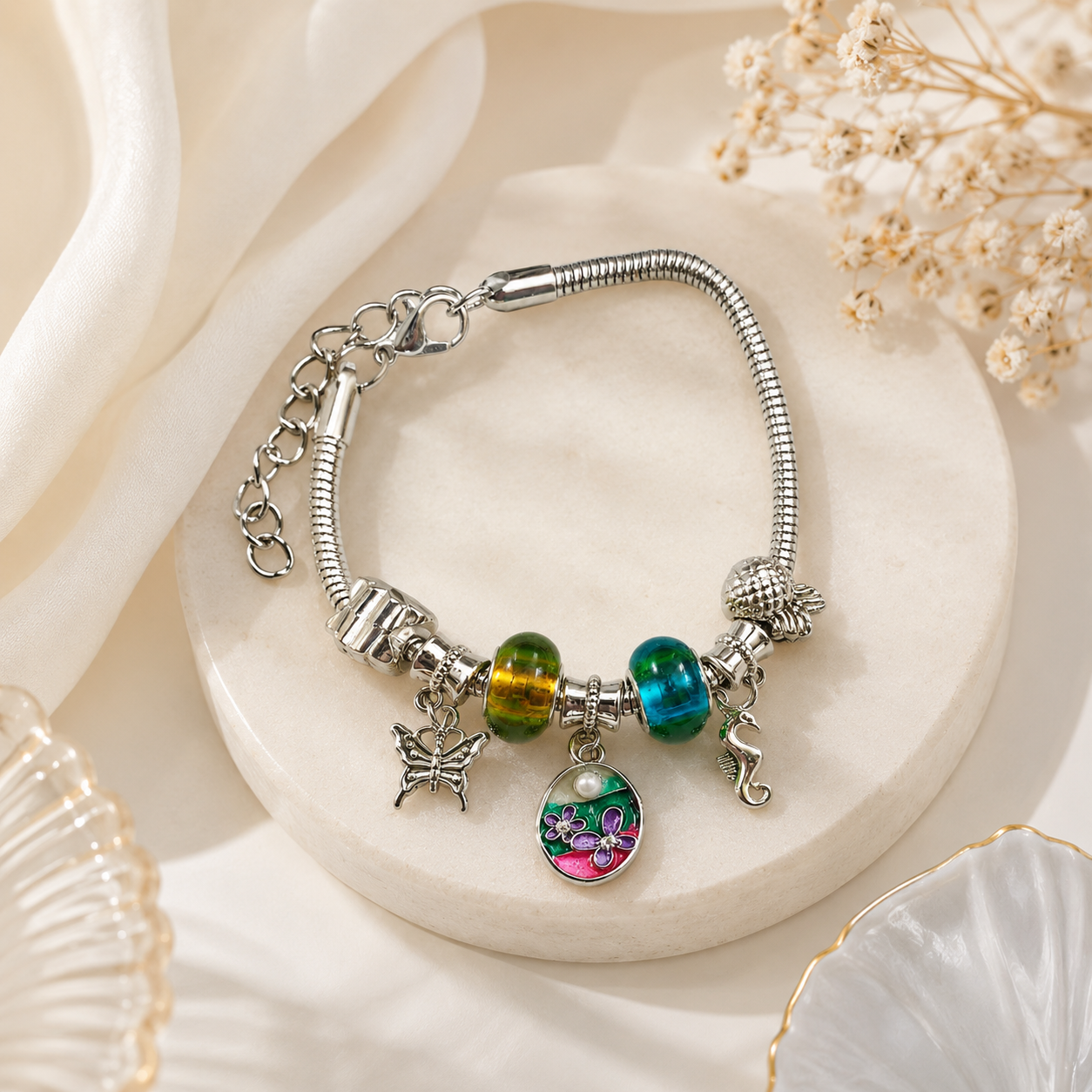 Charm Bracelet for Women – Silver Plated Adjustable Bracelet with Butterfly, Floral Pendant, Seahorse & Crystal Glass Beads Fashion Jewelry Gift for Girls & Women