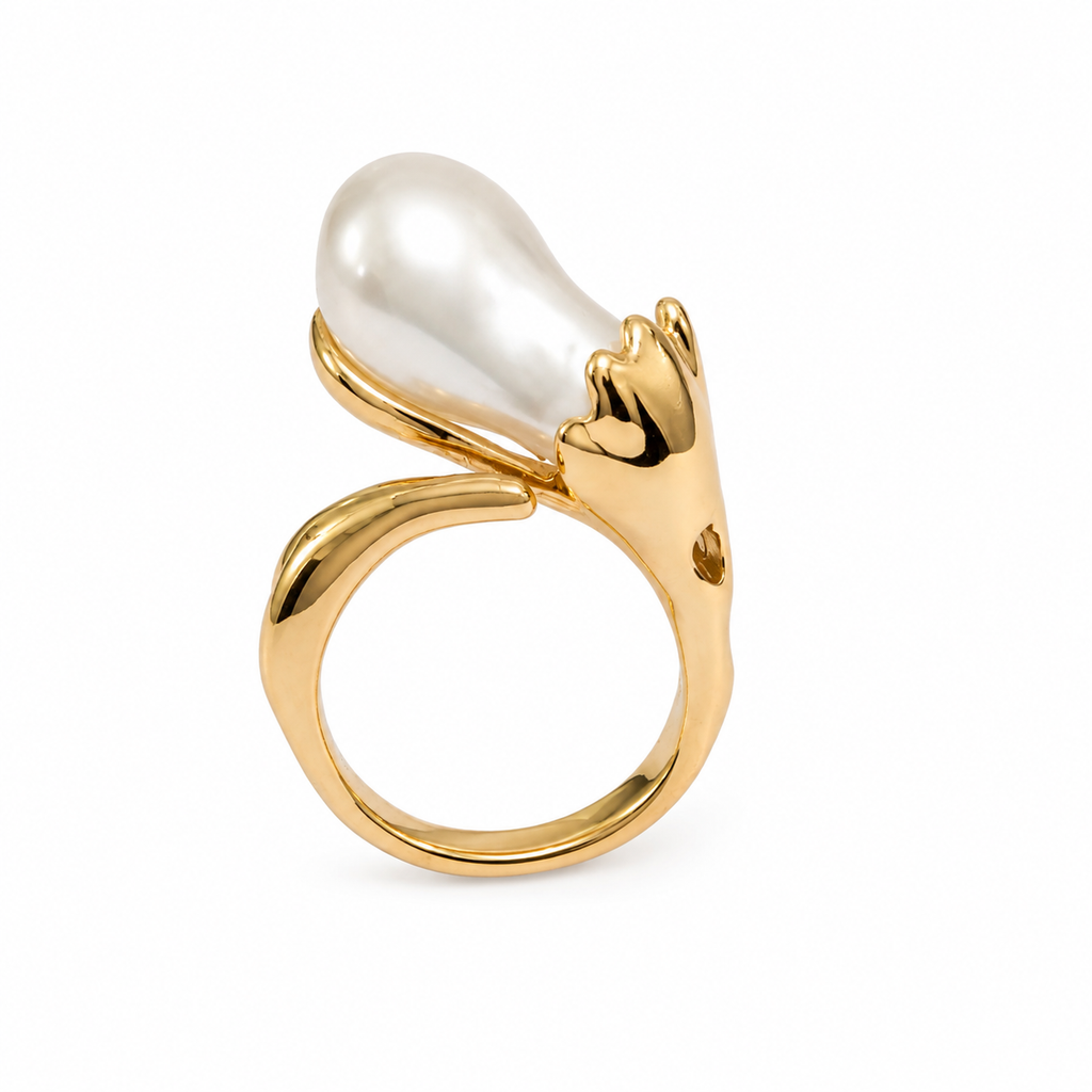 Adjustable Pearl Ring for Women | Elegant Gold-Tone Statement Ring | Open-Size Fashion Ring for Women & Girls