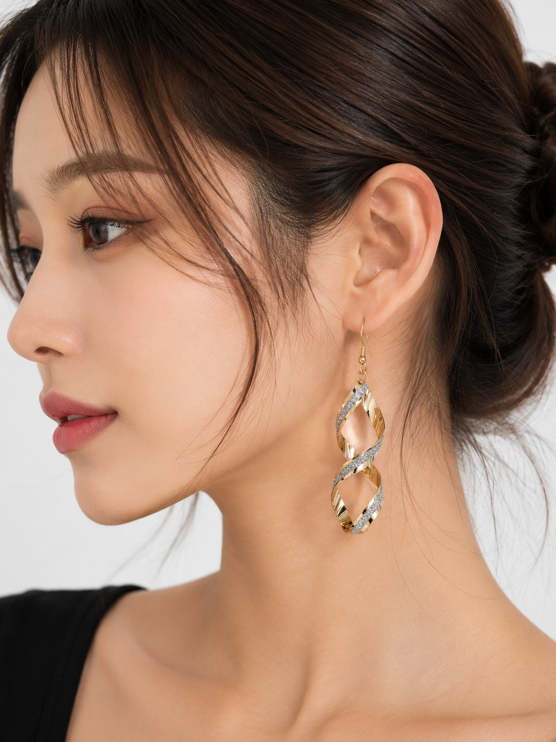 Korean Style Twisted Drop Earrings for Women – Gold Tone Spiral Dangle Earrings with Crystal Accent | Stylish Stud Jewelry for Girls & Women