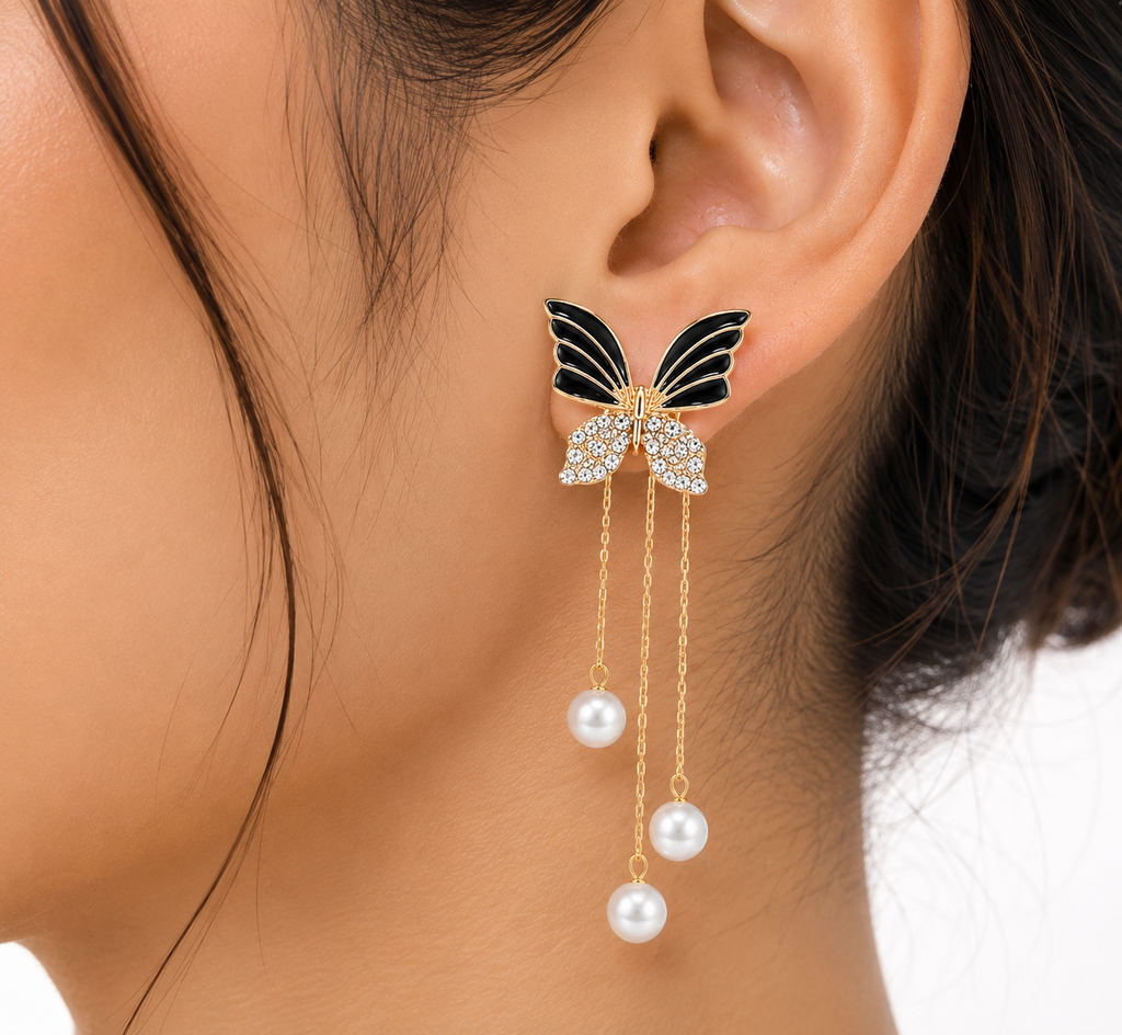 FASSSIONS Butterfly Pearl Tassel Earrings for Women | Korean Style Black Enamel & Rhinestone Butterfly Long Drop Earrings | Gold Plated Fashion Statement Jewelry for Party, Wedding & Festive Wear