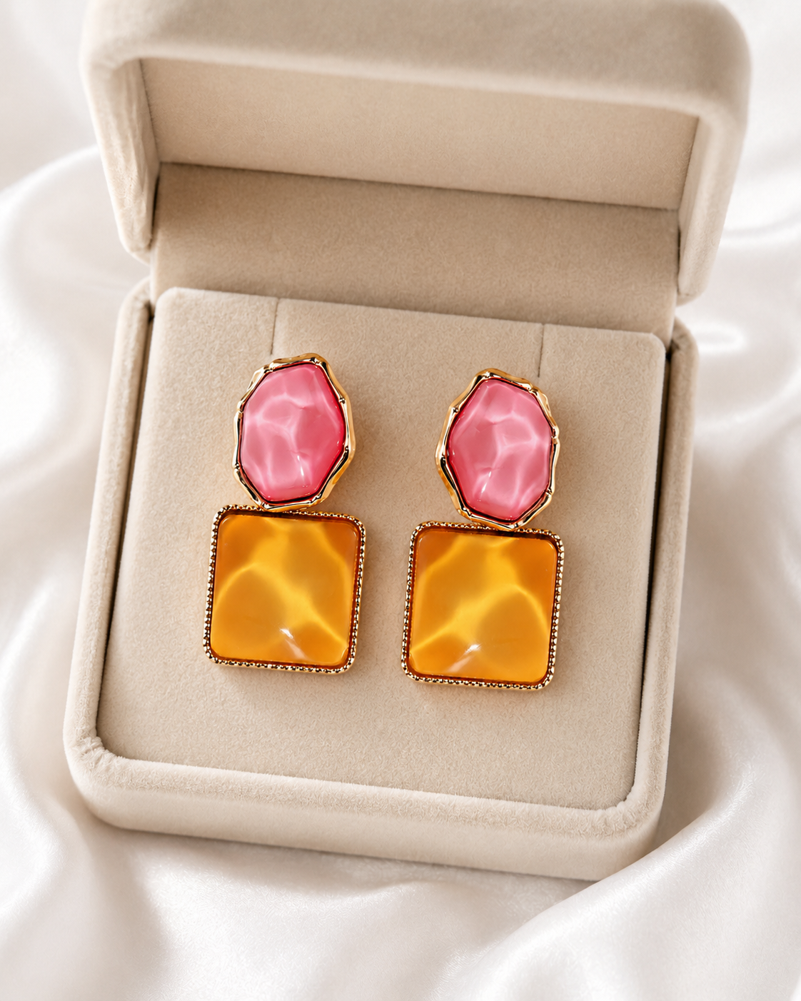 FASSSIONS Korean Orenge & Red Geometric Drop Earrings for Women | Gold Plated Statement Earrings | Lightweight Fashion Jewelry