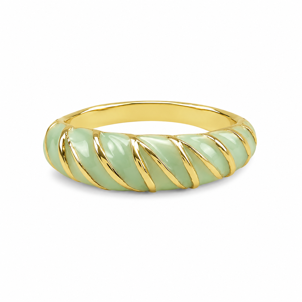 Women's Gold Plated Mint Green Enamel Ring | Twisted Diagonal Spiral Design Finger Ring | Elegant Fashion Jewelry for Women & Girls