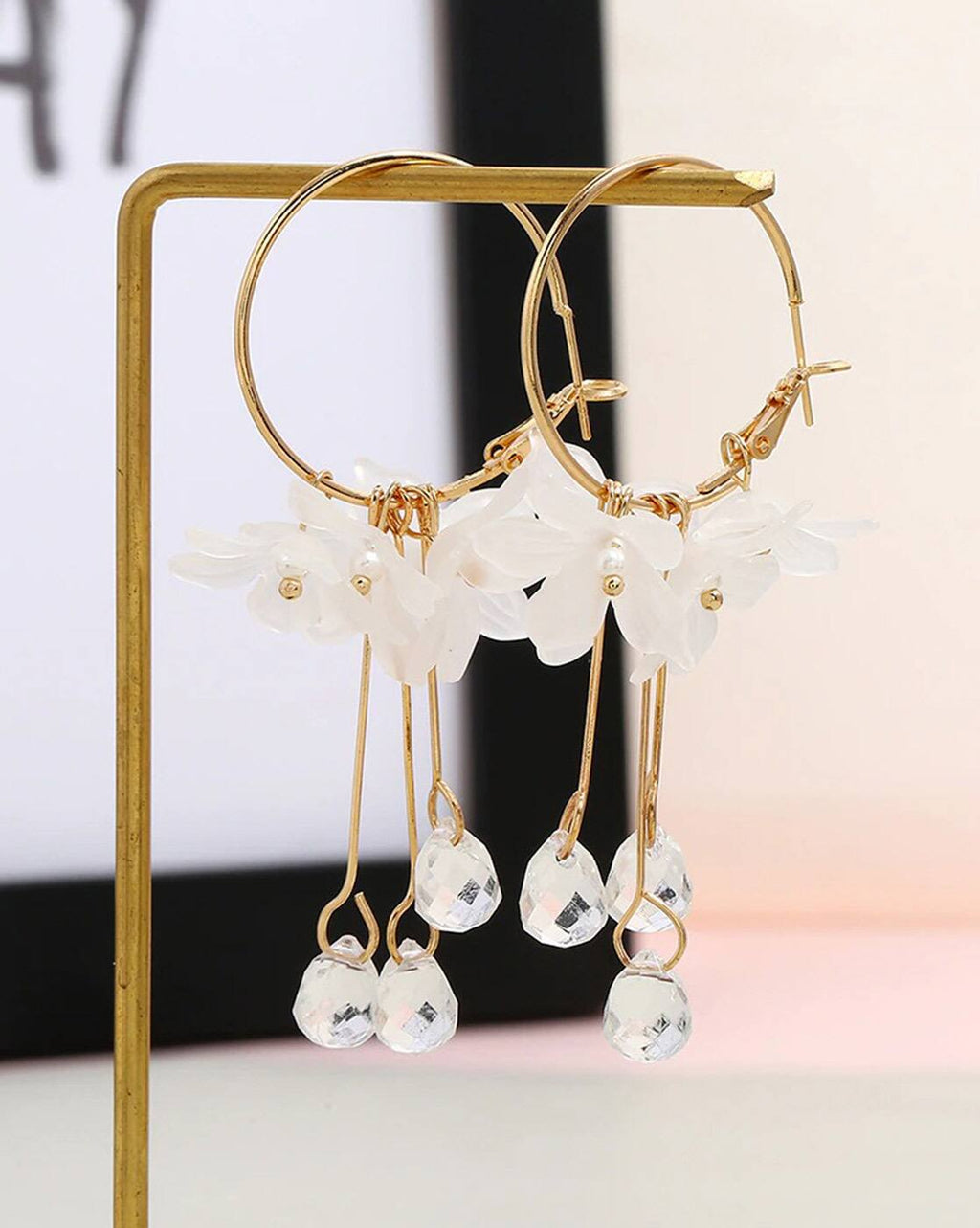 FASSSIONS Korean White Floral Crystal Drop Earrings for Women | Gold-Plated Hoop Dangle Earrings | Elegant Flower Earrings with Crystal Charms