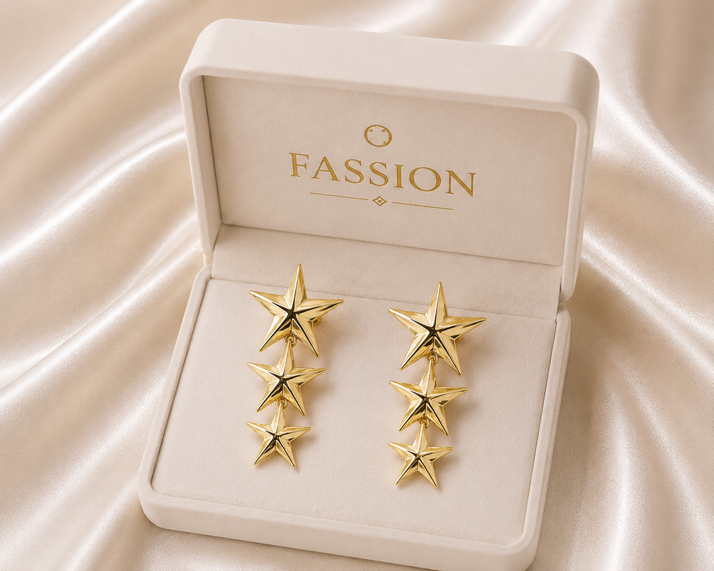 Korean Triple Star Drop Earrings for Women | Gold-Plated Star Dangle Earrings | Trendy Korean Fashion Statement Earrings Fashion Jewelry for Girls & Women