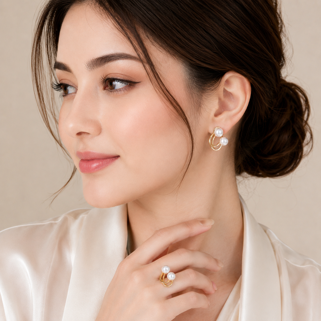 FASSION Korean Double Pearl Gold-Plated Earrings for Women | Elegant Luxury Pearl Stud Earrings | Trendy Korean Fashion Jewelry for