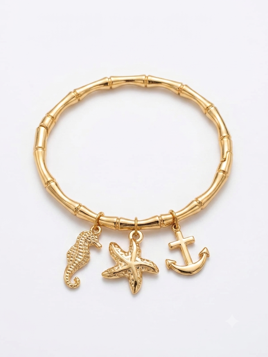 Fasssions Gold-Tone Seahorse Starfish & Anchor Charm Bracelet for Women | Nautical Sea-Inspired Fashion Jewelry