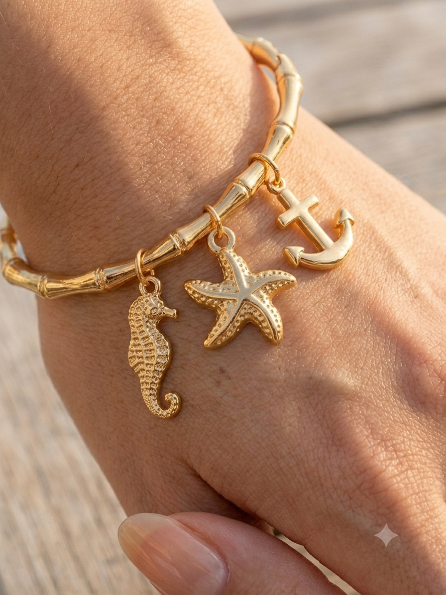 Fasssions Gold-Tone Seahorse Starfish & Anchor Charm Bracelet for Women | Nautical Sea-Inspired Fashion Jewelry
