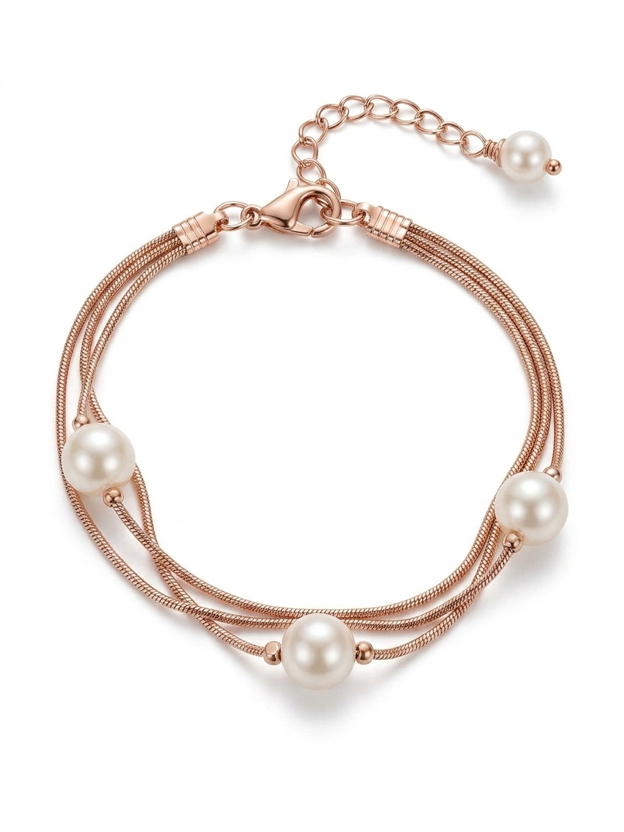 Fasssions Rose Gold Pearl Bracelet for Women | Multi-Layer Chain Bracelet with White Pearl Beads & Elegant Charm