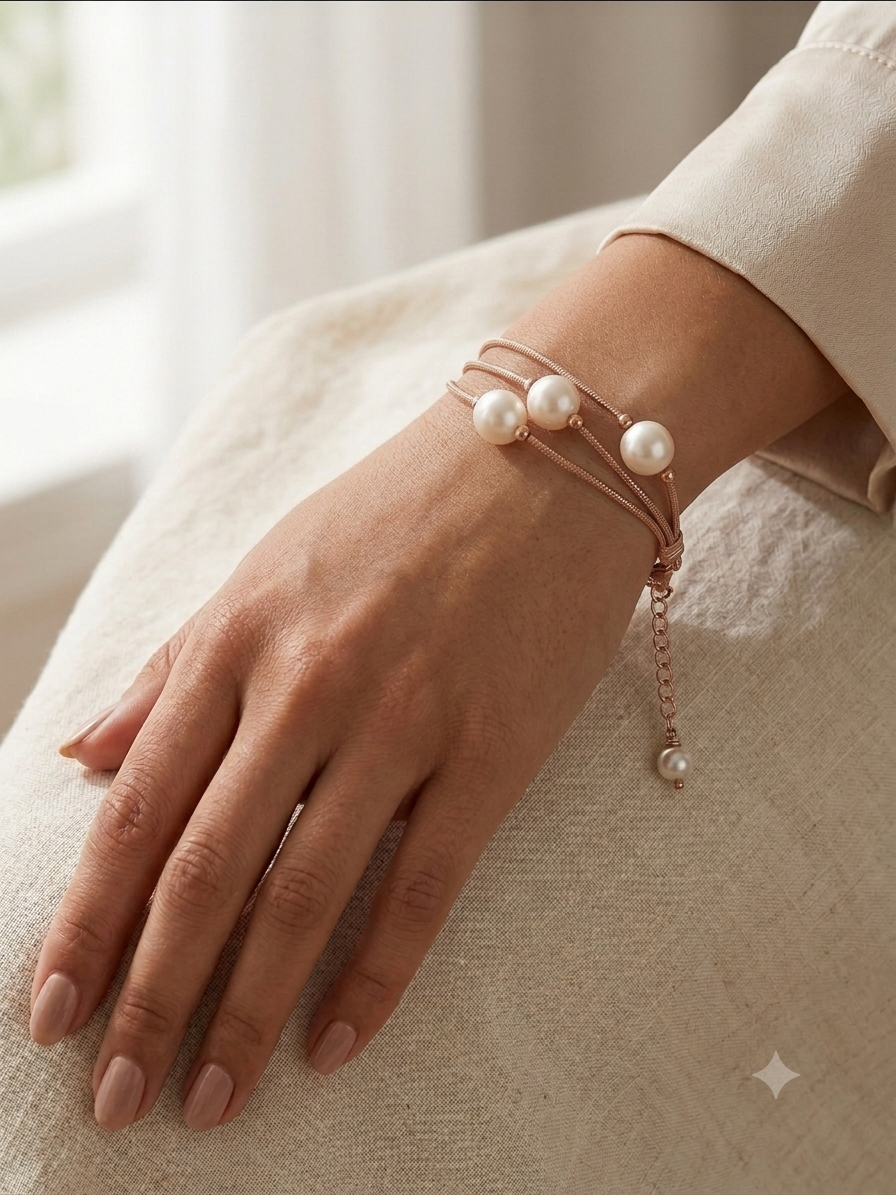 Fasssions Rose Gold Pearl Bracelet for Women | Multi-Layer Chain Bracelet with White Pearl Beads & Elegant Charm