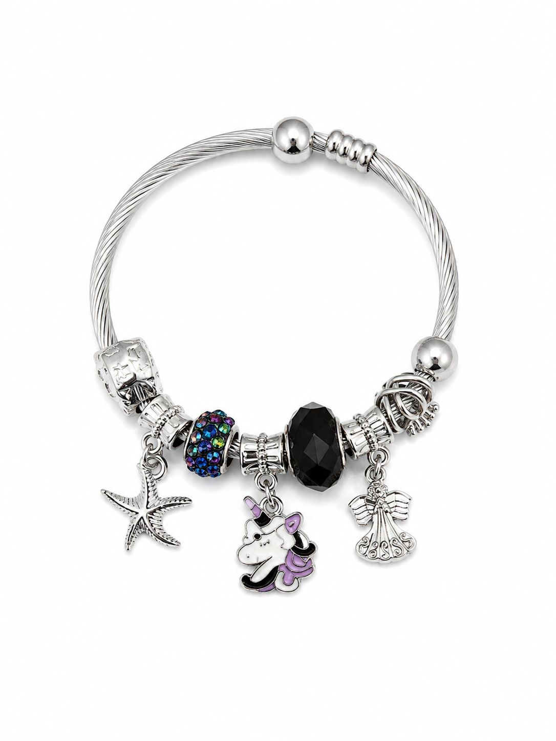 Charm Bracelet for Women – Silver Plated Adjustable Bracelet with Unicorn, Angel & Starfish Charms | Crystal Bead Fashion Bracelet | Fashion Jewelry Gift for Girls & Women