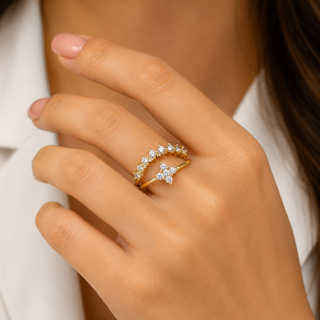 Gold Adjustable Crystal Flower Ring for Women – Open Floral Cubic Zirconia Fashion Finger Ring