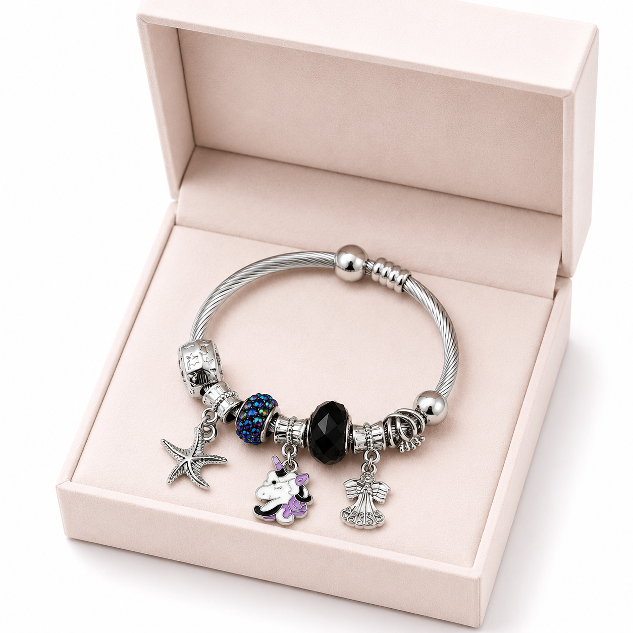 Charm Bracelet for Women – Silver Plated Adjustable Bracelet with Unicorn, Angel & Starfish Charms | Crystal Bead Fashion Bracelet | Fashion Jewelry Gift for Girls & Women