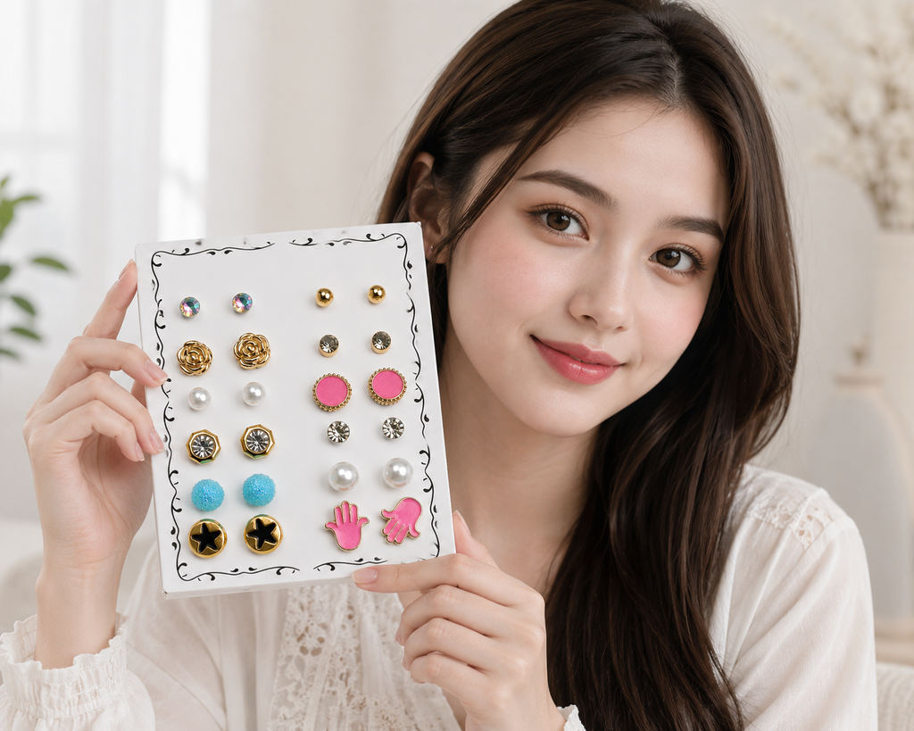 Korean 12 Pairs Earring Combo Set for Women & Girls | Pearl, Crystal, Floral, Star & Geometric Stud Earrings Collection