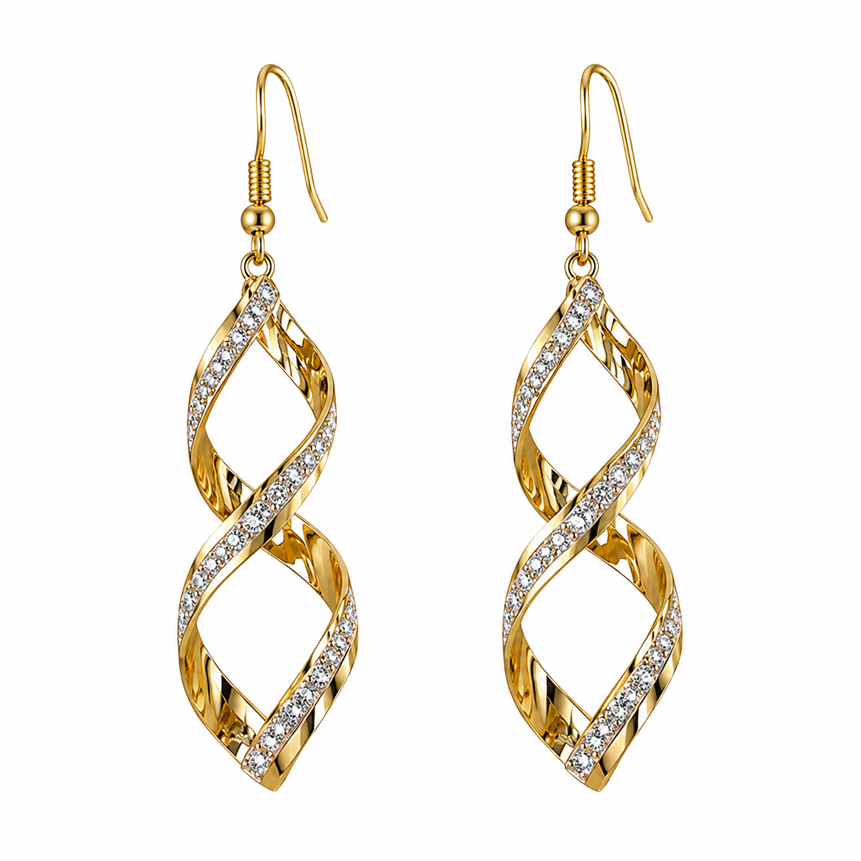 Korean Style Twisted Drop Earrings for Women – Gold Tone Spiral Dangle Earrings with Crystal Accent | Stylish Stud Jewelry for Girls & Women