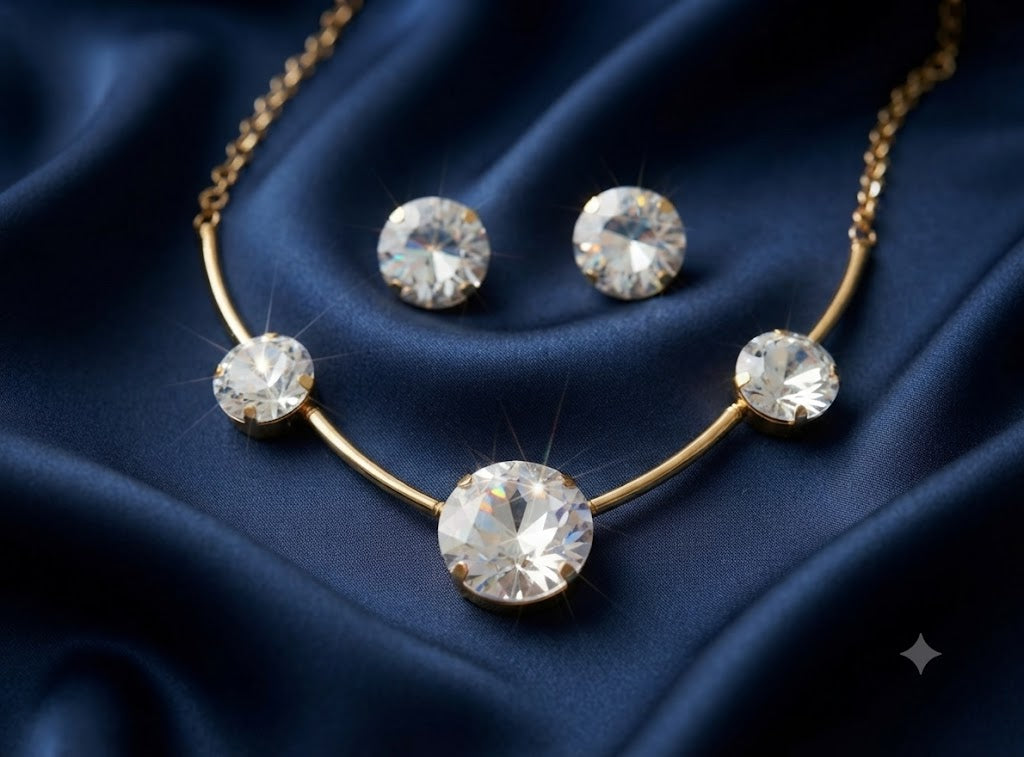 Fasssions Gold-Plated Crystal Necklace and Stud Earrings Set for Women | Round Cubic Zirconia Jewelry Set | Elegant Party, Wedding & Bridal Jewelry Gift