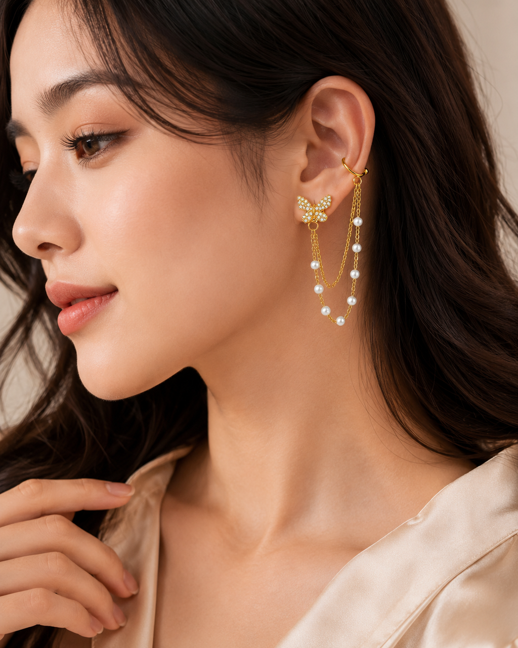 FASSSIONS Butterfly Pearl Ear Cuff Earrings for Women | Korean Style Gold Plated Rhinestone Butterfly Chain Earrings