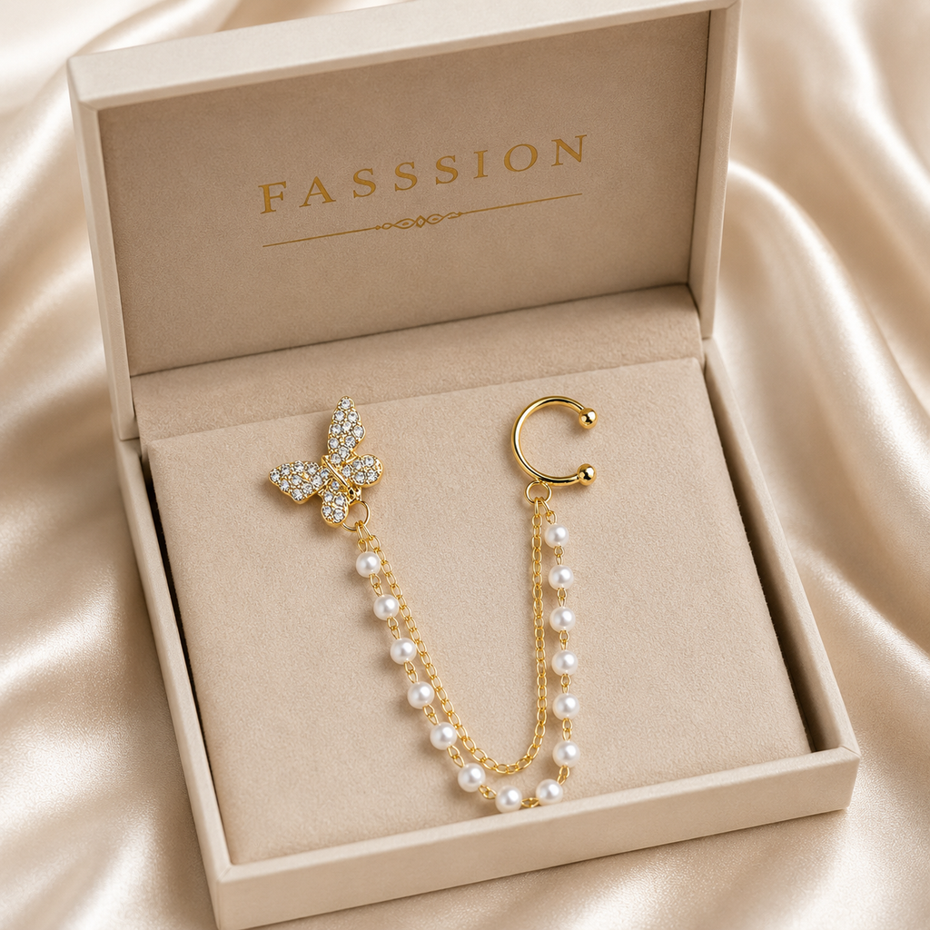 FASSSIONS Butterfly Pearl Ear Cuff Earrings for Women | Korean Style Gold Plated Rhinestone Butterfly Chain Earrings