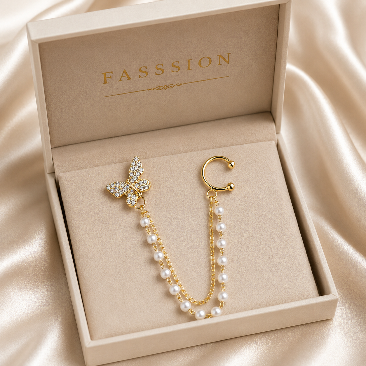 FASSSIONS Butterfly Pearl Ear Cuff Earrings for Women | Korean Style Gold Plated Rhinestone Butterfly Chain Earrings