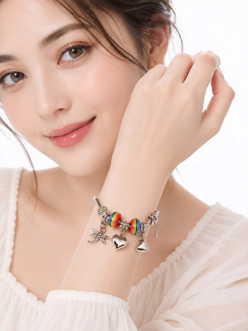 Rainbow Charm Bracelet for Women – Silver Plated Adjustable Bracelet with Heart Charms, Dragonfly Pendant & Colorful Beads | Fashion Jewelry Gift for Girls & Women