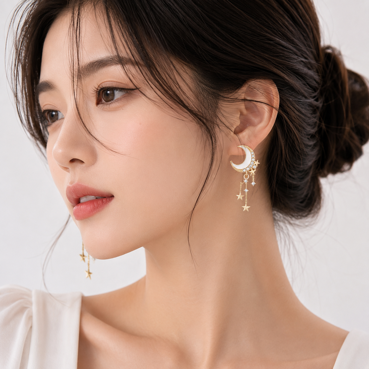 FASSSIONS Korean Crescent Moon & Star Drop Earrings for Women | White Enamel Gold-Plated Stud Earrings | Rhinestone Celestial Dangle Earrings