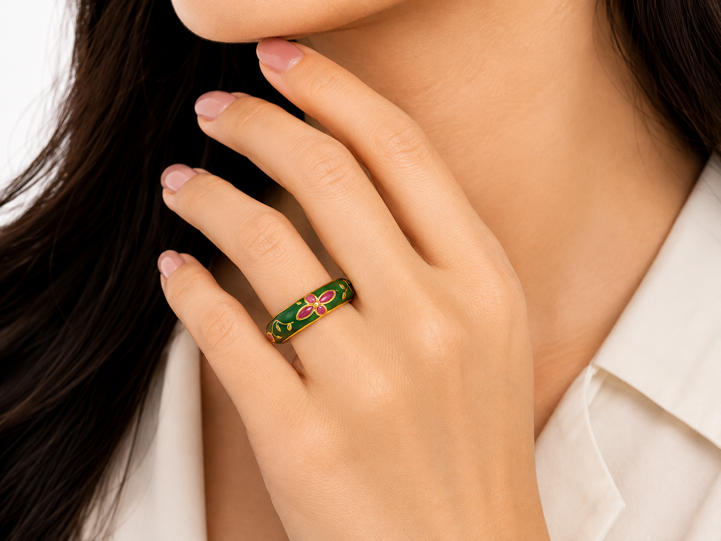 Green Enamel Ring for Women | Gold Tone Floral Flower Design Finger Ring | Pink Floral Designer Ring for Women & Girls | Traditional Ethnic Fashion Jewellery
