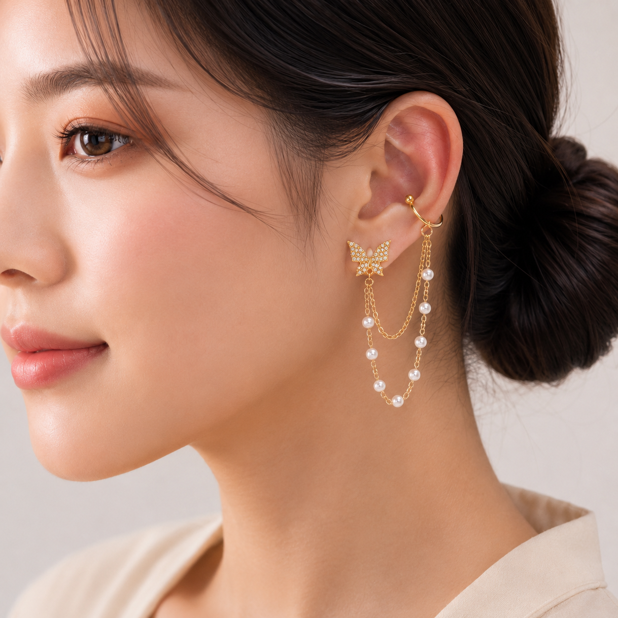 FASSSIONS Butterfly Pearl Ear Cuff Earrings for Women | Korean Style Gold Plated Rhinestone Butterfly Chain Earrings
