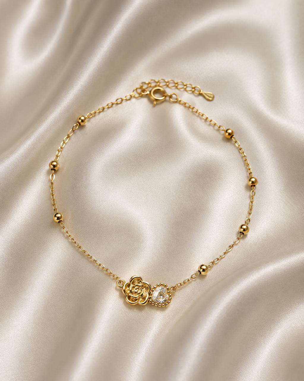 Gold Plated Rose Flower Anklet for Women | Crystal Charm Adjustable Ankle Bracelet | Elegant Beaded Anklet for Girls & Women