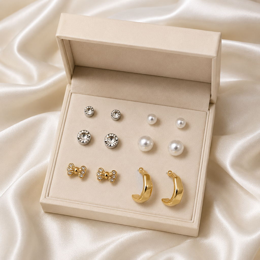 Earring Combo Set of 6 for Women & Girls | Crystal Studs, Pearl Earrings, Bow Crystal Studs & Chunky Gold Hoop Earrings | Korean Style Fashion Jewelry Collection