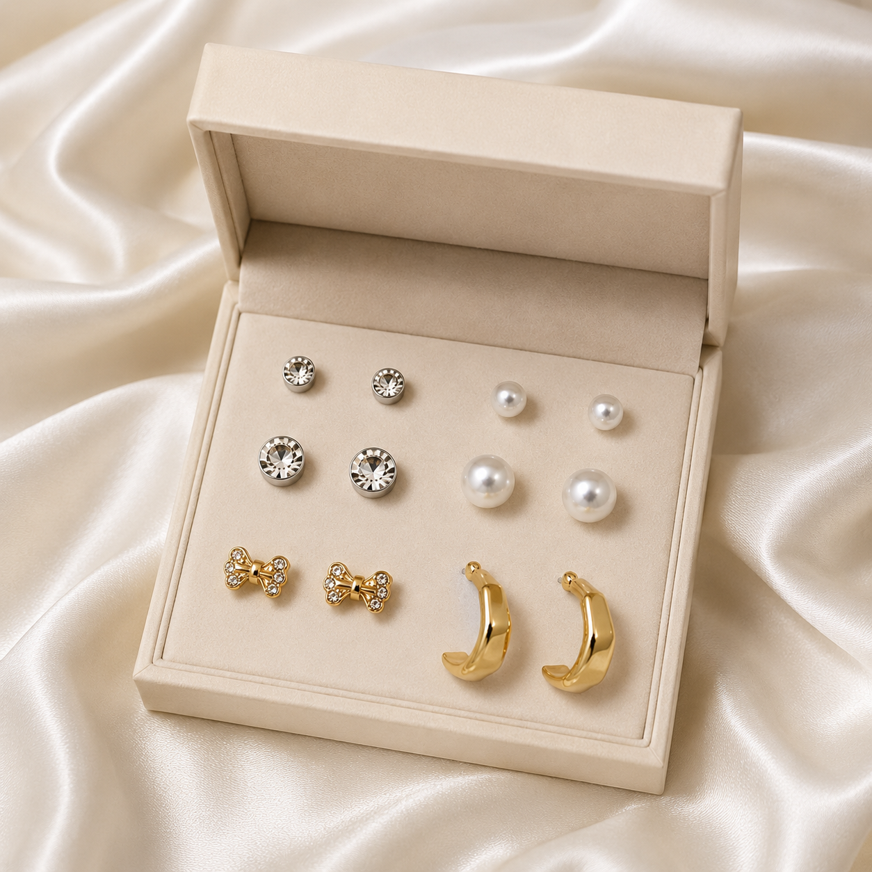 Earring Combo Set of 6 for Women & Girls | Crystal Studs, Pearl Earrings, Bow Crystal Studs & Chunky Gold Hoop Earrings | Korean Style Fashion Jewelry Collection