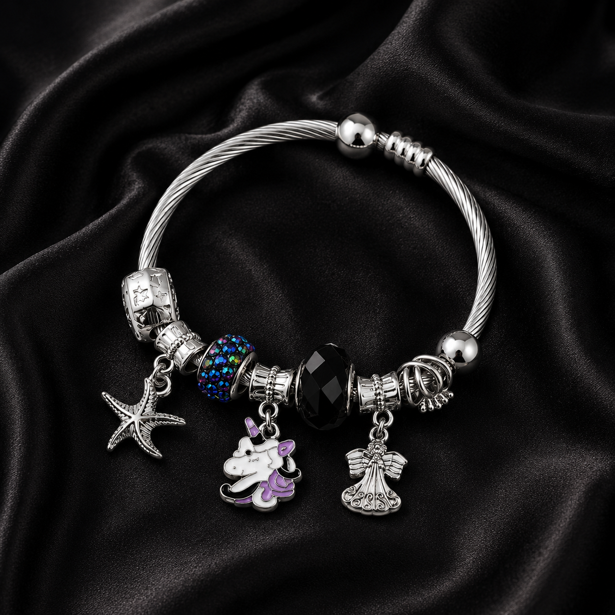 Charm Bracelet for Women – Silver Plated Adjustable Bracelet with Unicorn, Angel & Starfish Charms | Crystal Bead Fashion Bracelet | Fashion Jewelry Gift for Girls & Women