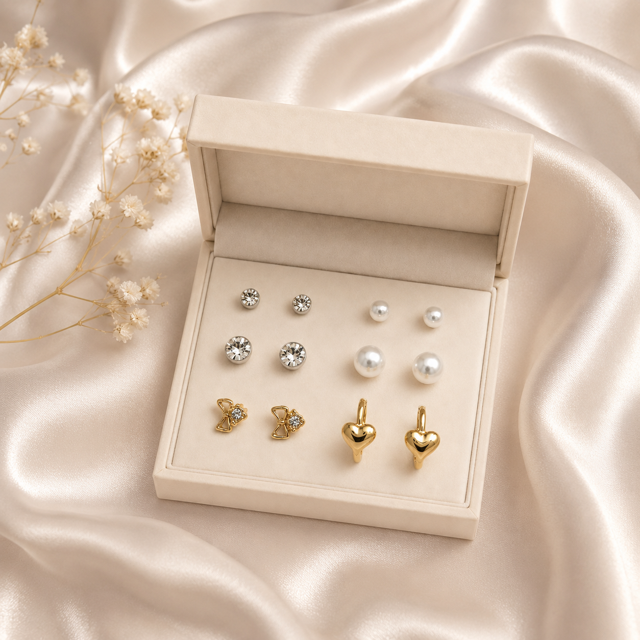 Earring Combo Set 6 for Women & Girls | Crystal Studs, Pearl Earrings, Bow Crystal Studs & Gold Heart Hoop Earrings | Fashion Jewelry for Girls & Women
