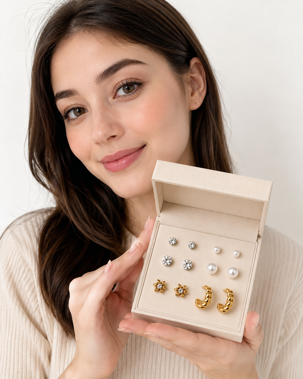 6 Pair Earring Combo Set for Women & Girls | Crystal Studs, Pearl Earrings, Floral Crystal Studs & Twisted Gold Hoop Earrings | Elegant Korean Style
