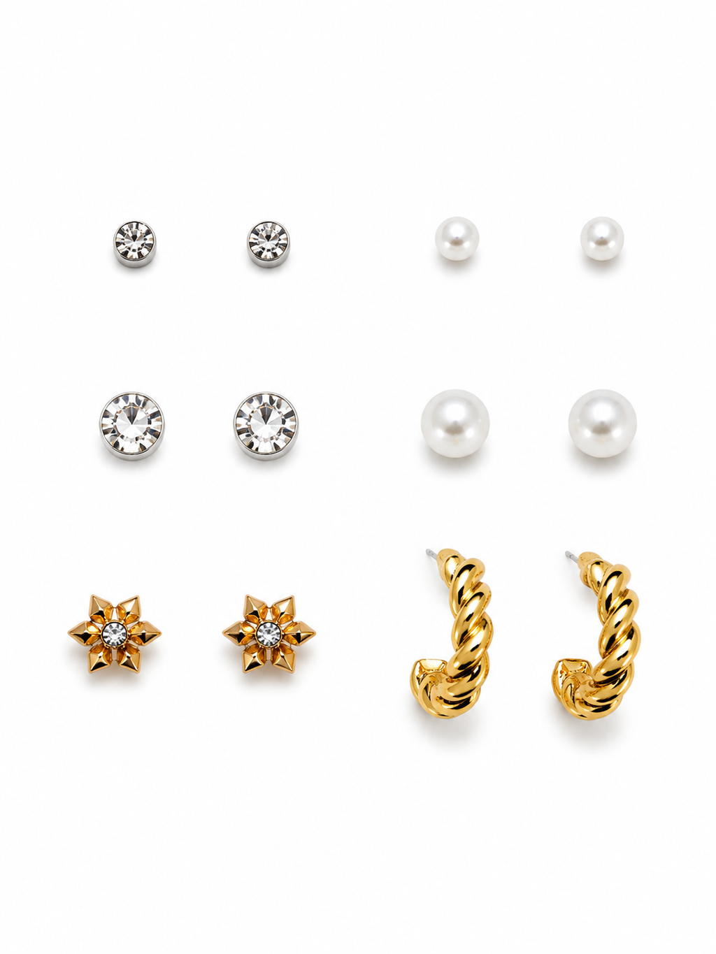 6 Pair Earring Combo Set for Women & Girls | Crystal Studs, Pearl Earrings, Floral Crystal Studs & Twisted Gold Hoop Earrings | Elegant Korean Style