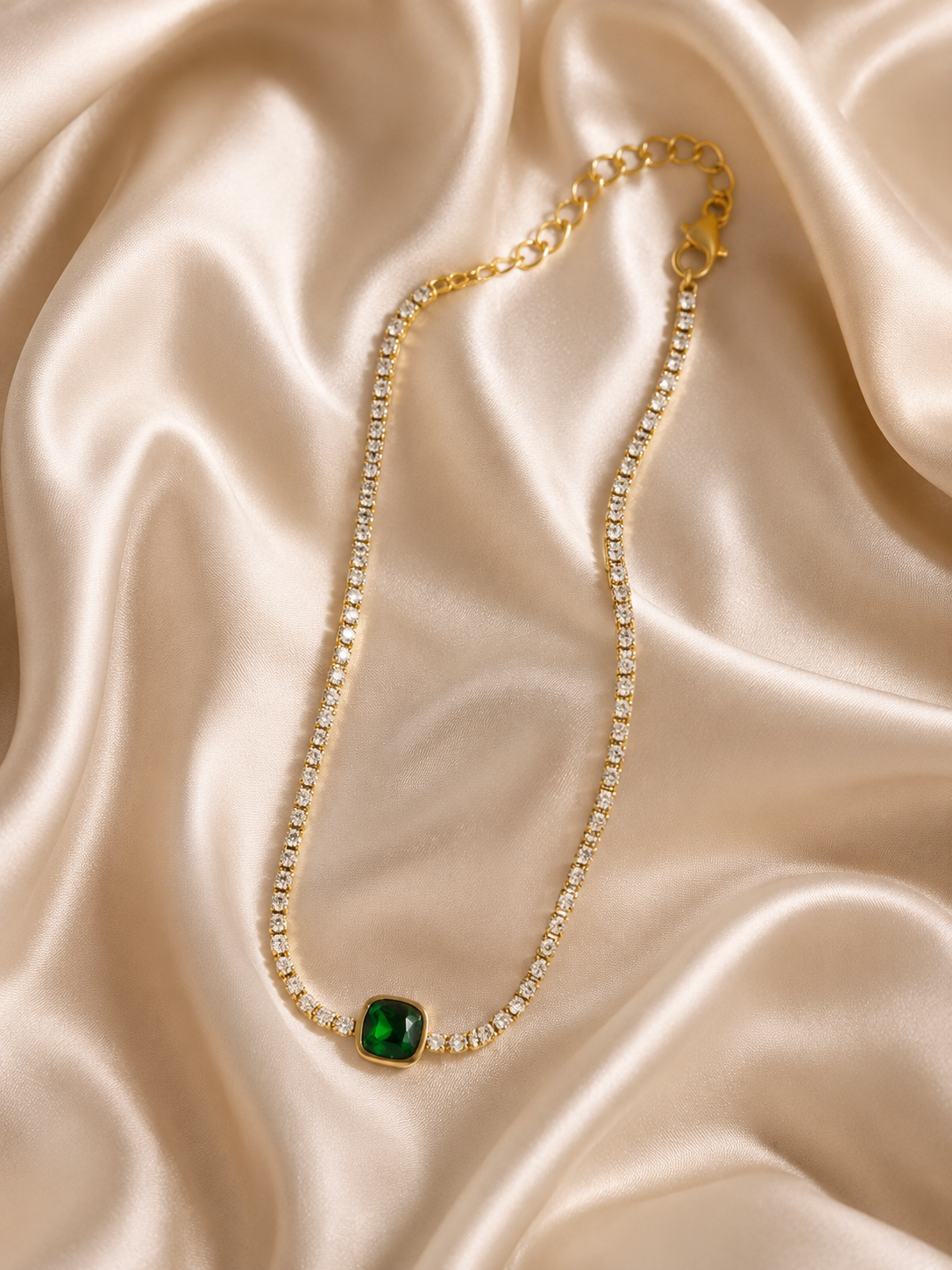 FASSSSION Gold-Plated Crystal Anklet for Women | Green Emerald-Cut Stone Tennis Anklet | Elegant Adjustable Ankle Bracelet for Daily Wear