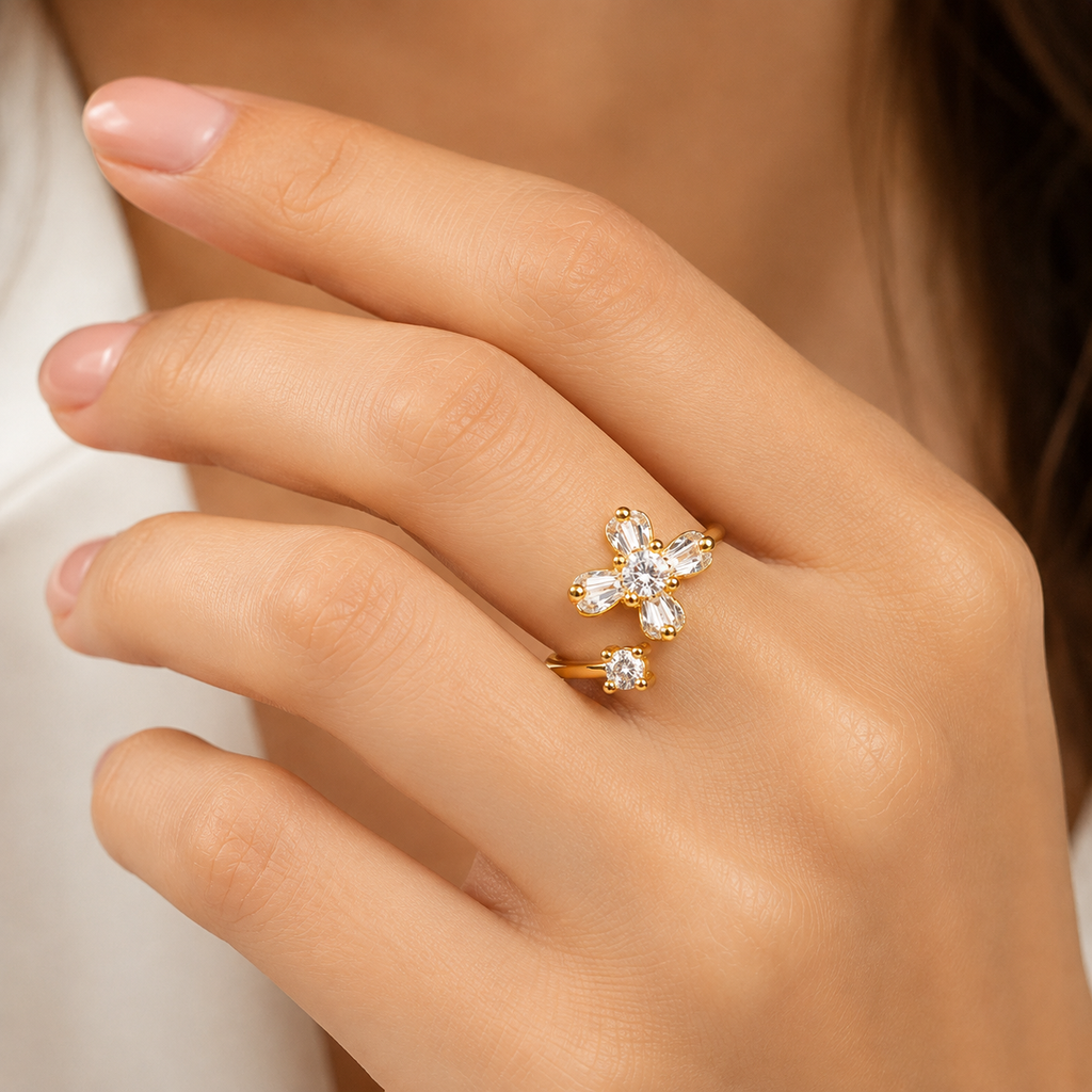 FASSSIONS Gold Plated Adjustable Floral CZ Ring for Women | Crystal Open Finger Ring | Korean Style Fashion Jewelry | Adjustable Size