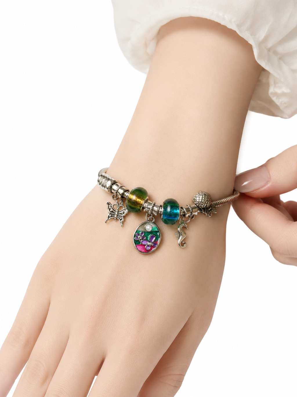 Charm Bracelet for Women – Silver Plated Adjustable Bracelet with Butterfly, Floral Pendant, Seahorse & Crystal Glass Beads Fashion Jewelry Gift for Girls & Women