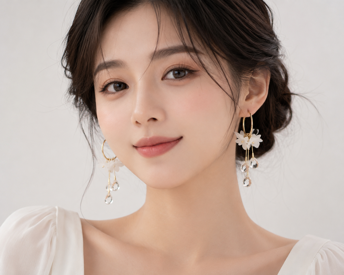 FASSSIONS Korean White Floral Crystal Drop Earrings for Women | Gold-Plated Hoop Dangle Earrings | Elegant Flower Earrings with Crystal Charms