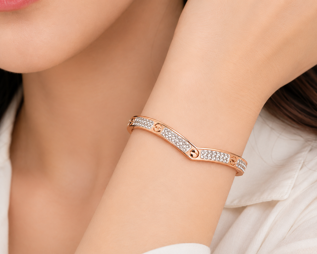 Rose Gold Bangle Bracelet for Women & Girls | Crystal Studded Designer Kada | Elegant Rhinestone Cuff Bracelet | Stylish Fashion Jewellery for Party, Wedding & Daily Wear