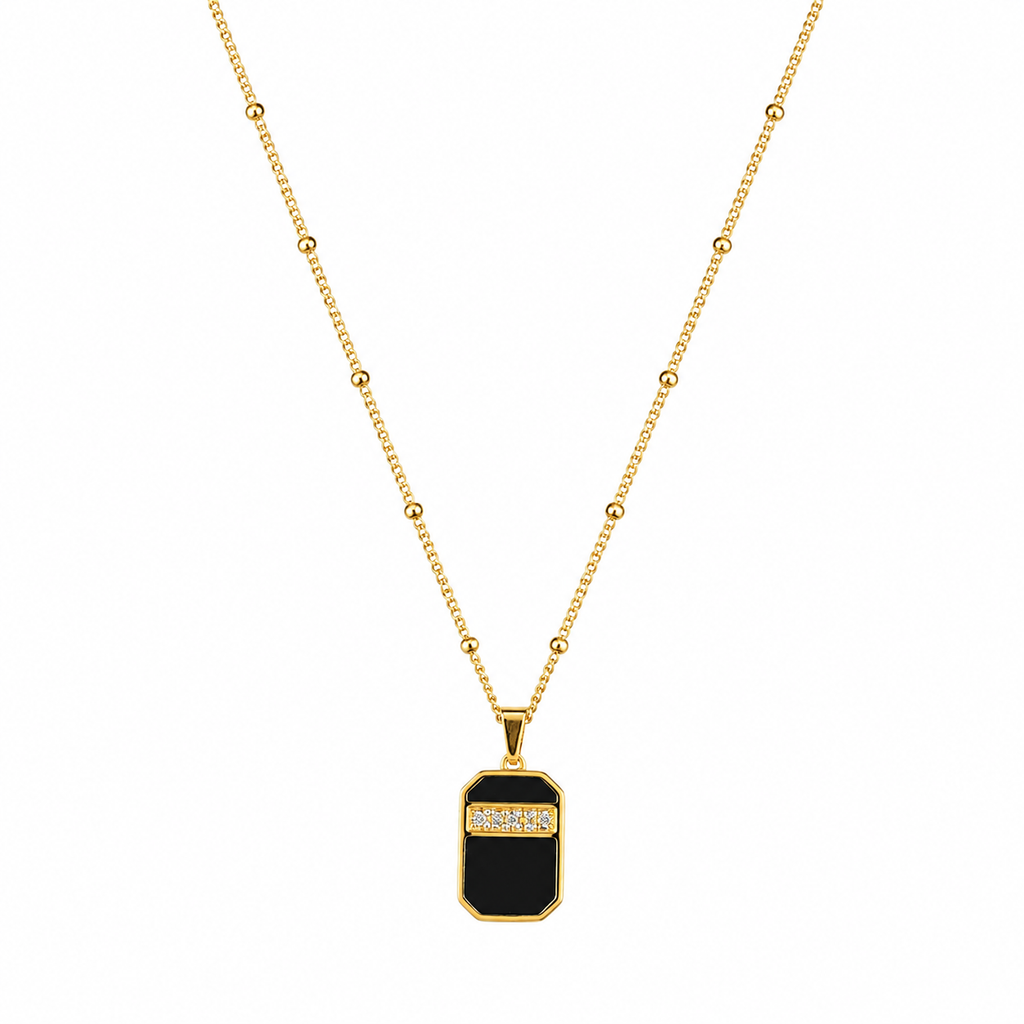 FASSSIONS Women’s Gold Tone Black Pendant Necklace | Geometric Rectangle Black Stone Chain with Crystal Detail
