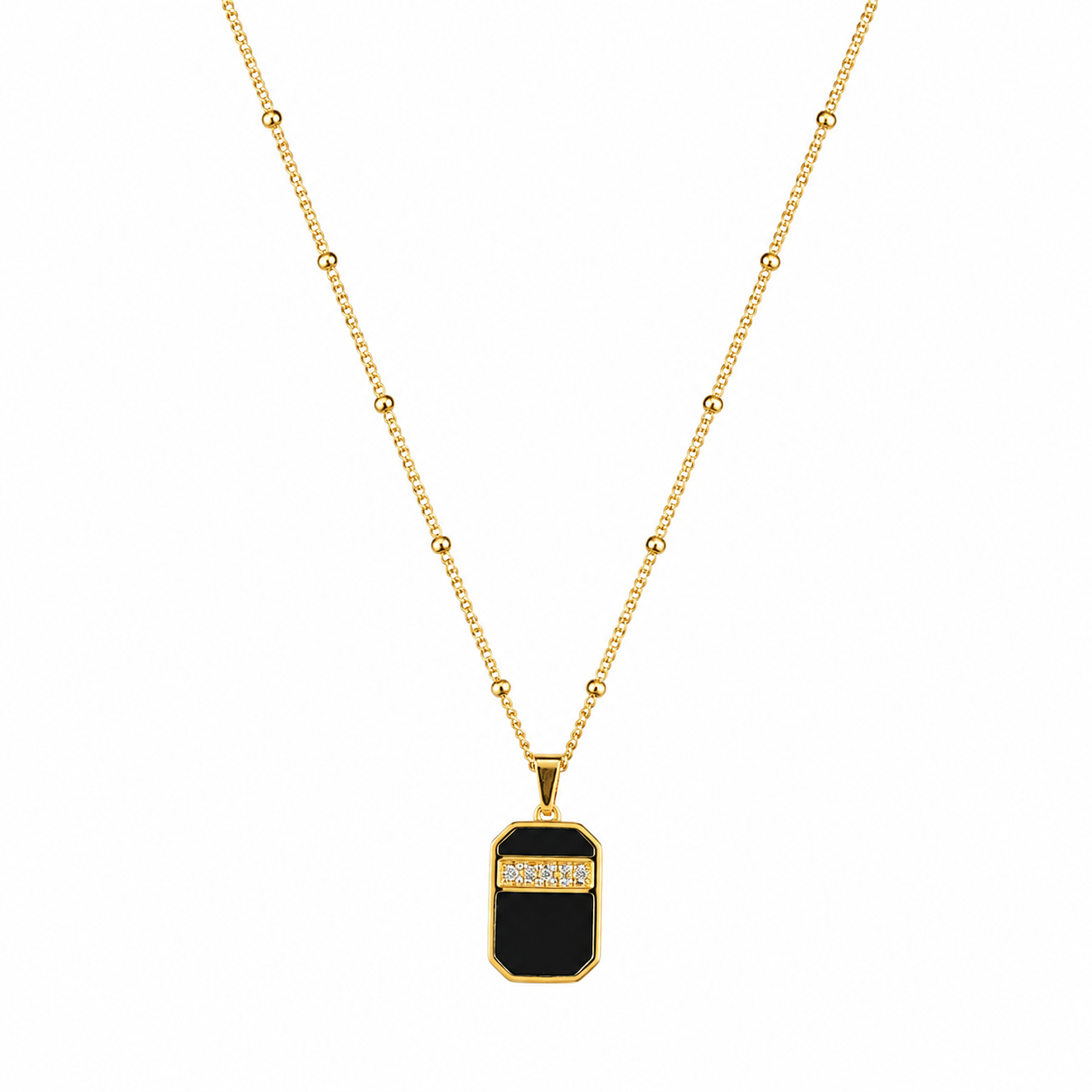 FASSSIONS Women’s Gold Tone Black Pendant Necklace | Geometric Rectangle Black Stone Chain with Crystal Detail