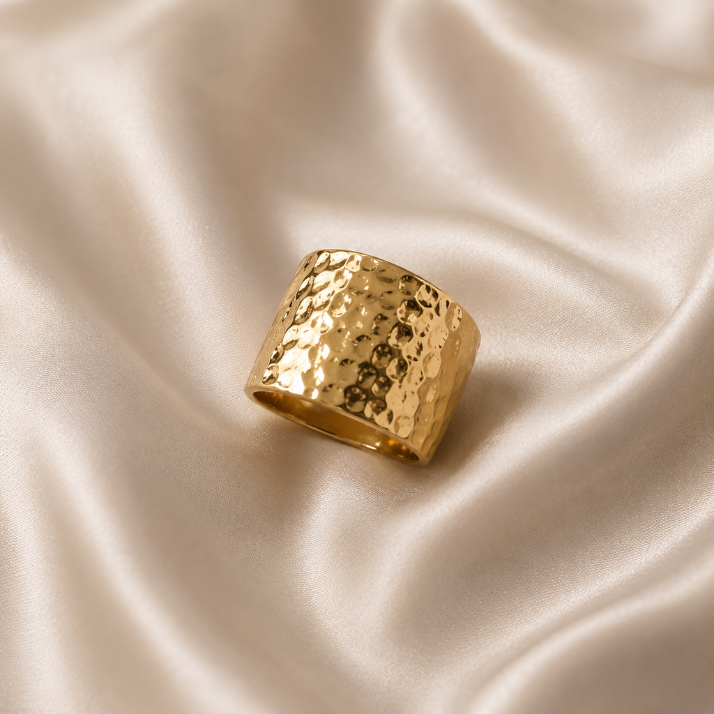 Korean Style Gold Plated Hammered Texture Ring for Women & Girls | Adjustable Statement Finger Ring | Jewelry | Designer Ring