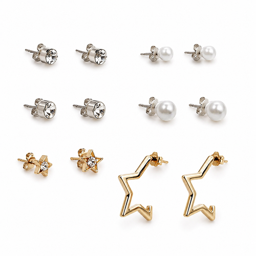 6 Pairs Earring Combo Set for Women & Girls | Crystal Studs, Pearl Earrings, Star Studs & Gold Star Hoop Earrings | Fashion Jewelry for Girls & Women