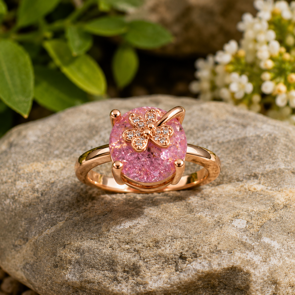 Rose Gold Butterfly Pink Crystal Ring for Women | Adjustable Finger Ring with Sparkling Pink Stone | Elegant Fashion Jewelry |