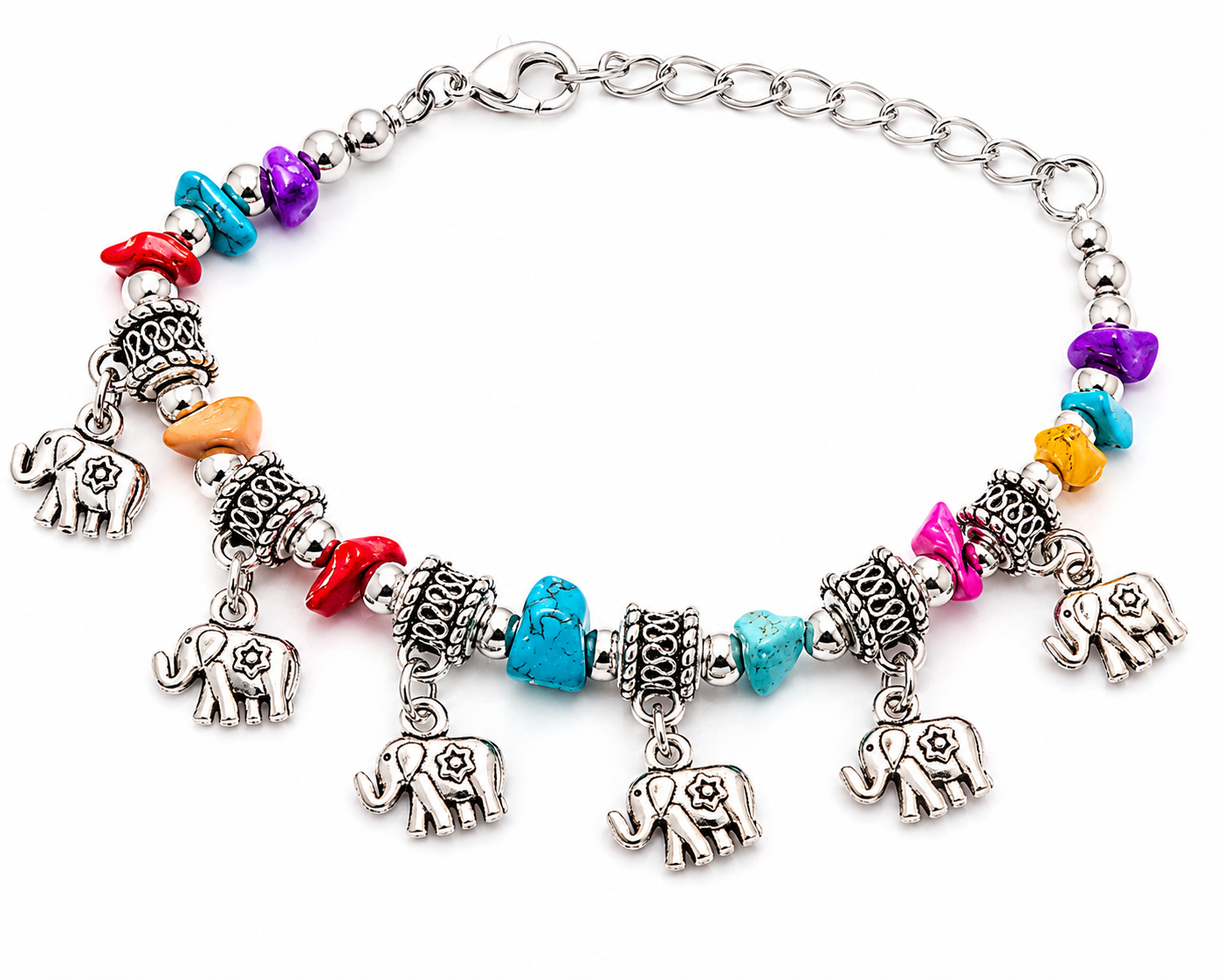 Boho Elephant Charm Bracelet for Women | Multicolor Stone Beads & Silver-Plated Adjustable Chain Bracelet | Fashion Jewelry Gift for Girls & Women