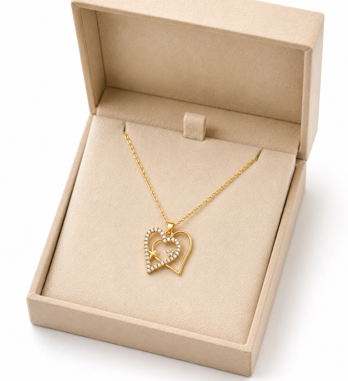 SERENAIRE Gold-Plated Double Heart Pendant Necklace for Women | Cubic Zirconia Heart Chain | Elegant Fashion Jewelry