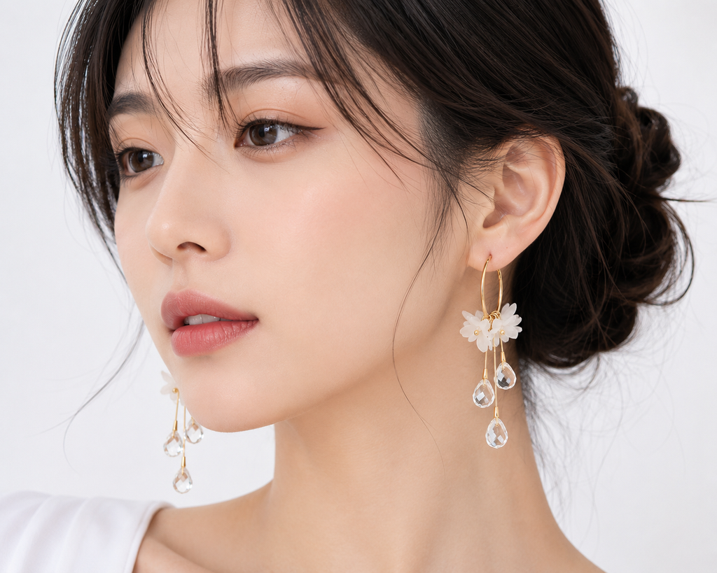 FASSSIONS Korean White Floral Crystal Drop Earrings for Women | Gold-Plated Hoop Dangle Earrings | Elegant Flower Earrings with Crystal Charms