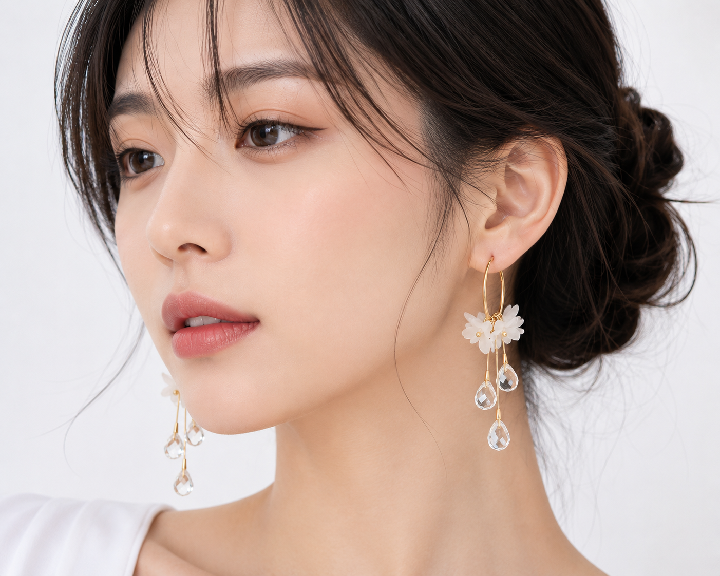 FASSSIONS Korean White Floral Crystal Drop Earrings for Women | Gold-Plated Hoop Dangle Earrings | Elegant Flower Earrings with Crystal Charms
